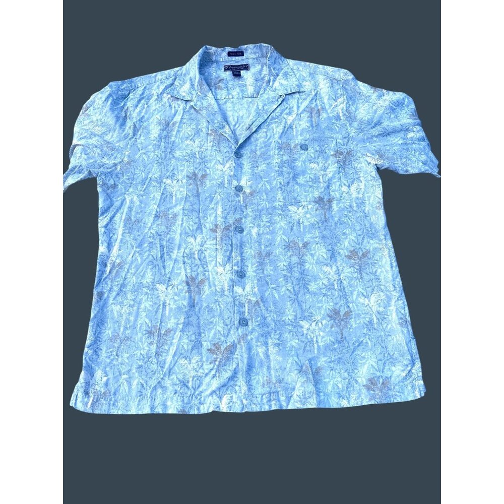 Mens Limited Edition Silk Hawaiian Shirt Blue Palm Print Size L Weekender Beach